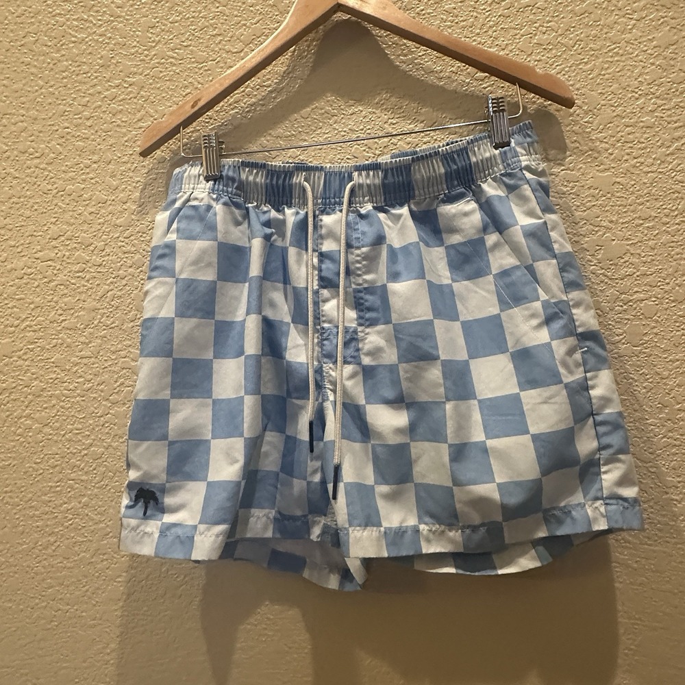 OAS Swim Trunks Men's Medium M Blue Checker Pattern Resort Shorts 4" Resort Wear